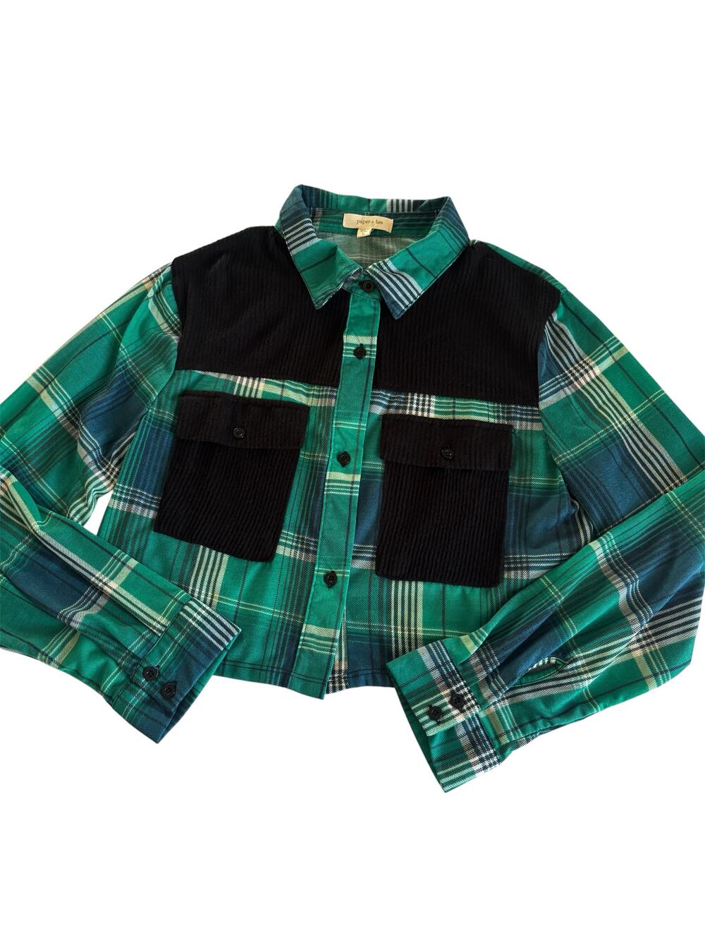 Paper + Tee Green and Black Cropped Plaid Button Up Shirt Juniors Size Large